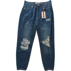 Women‘s Jeans Denim Blvd Los Angeles high rise Mom fit Ripped Blue Junior Size 7